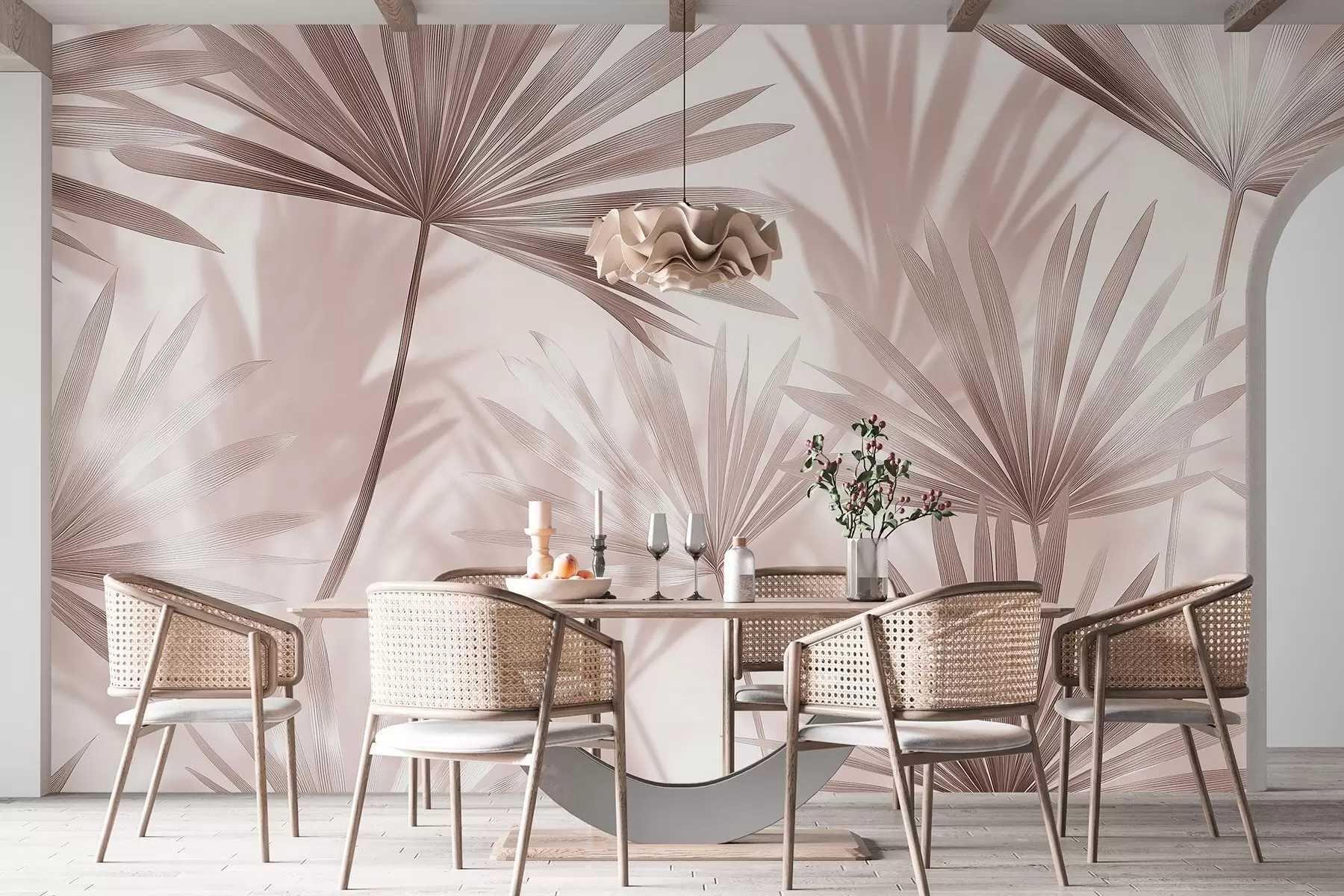 wall murals Palm leaves, floral pattern, minimalism, tropical, beige colors w03152v3