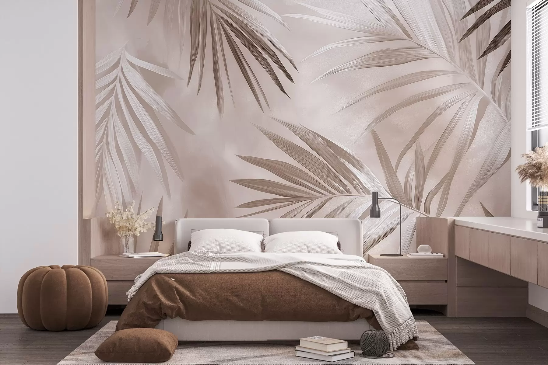 wall murals Tropical leaves abstraction, palm tree, beige color palette  w03153v3