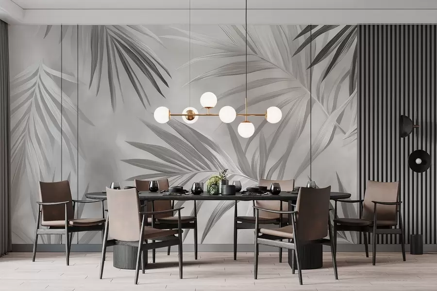 wall murals Tropical leaves abstraction, palm tree, grey color palette  w03153v4