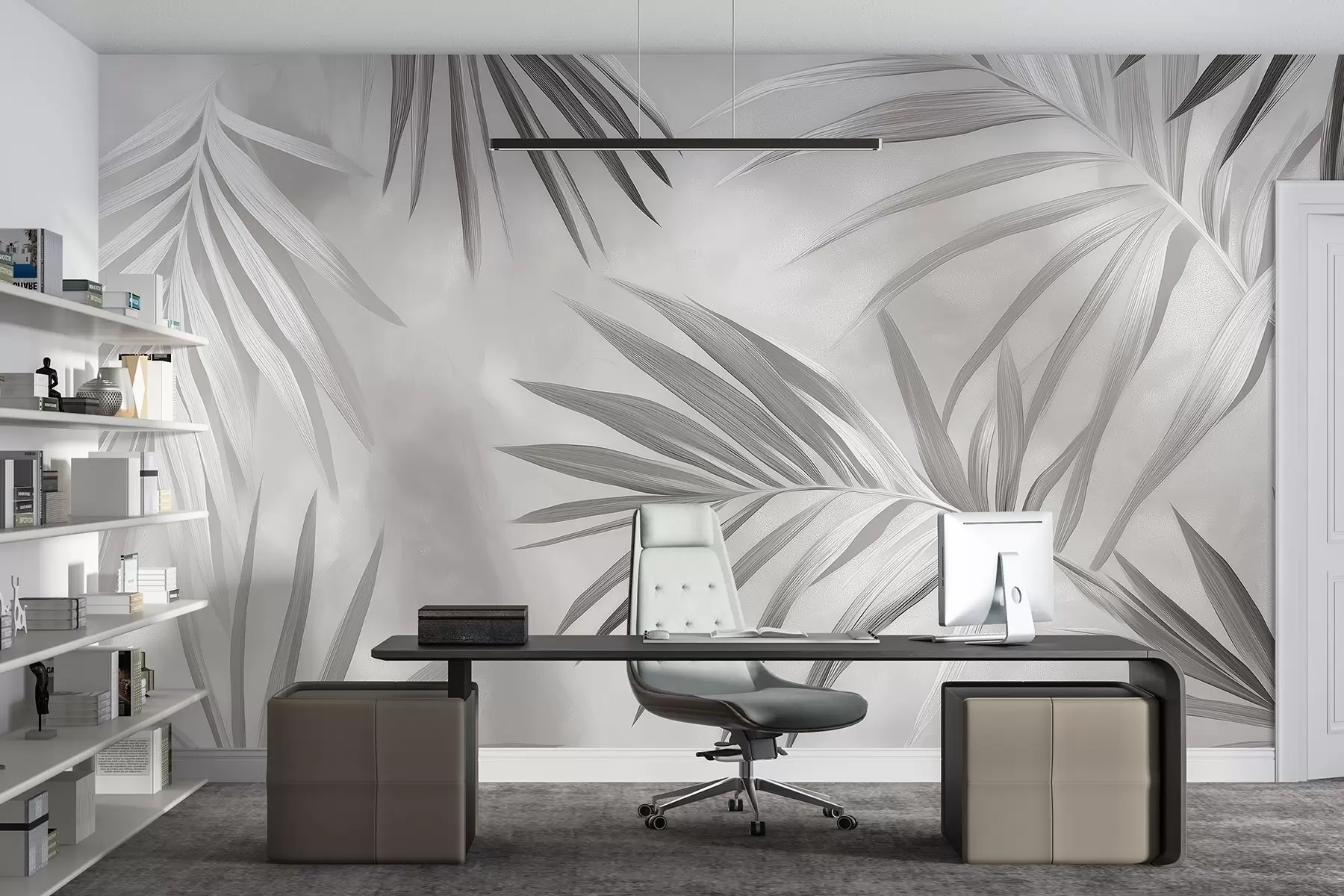 wall murals Tropical leaves abstraction, palm tree, grey color palette  w03153v4