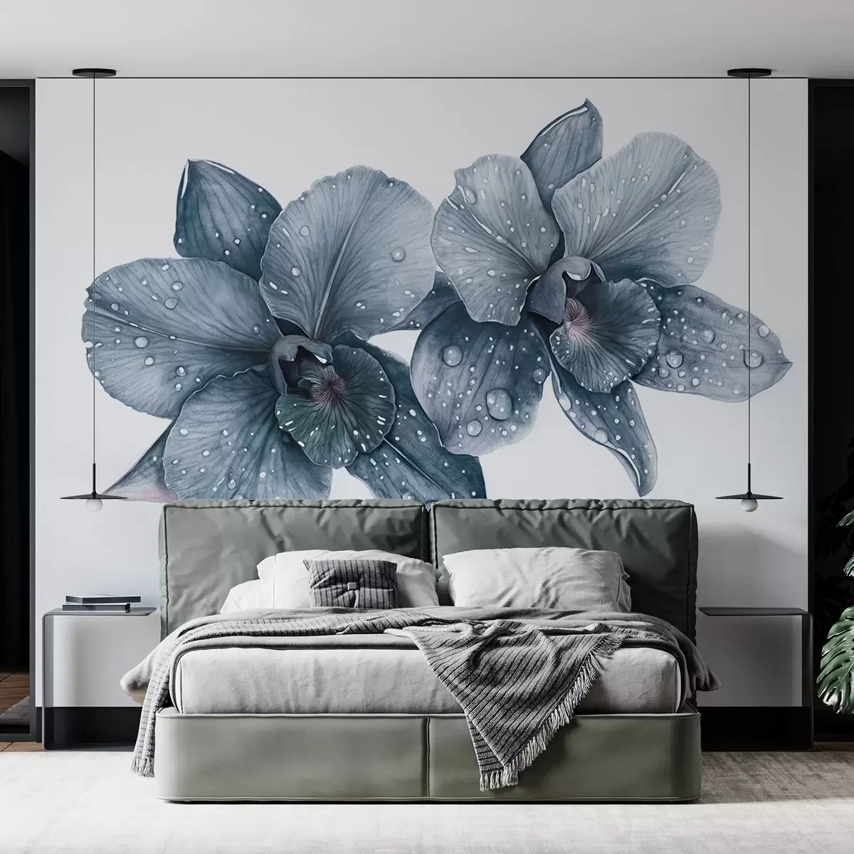 wall murals Beautiful orchid flowers, watercolor style drawing, blue colors w03164v2