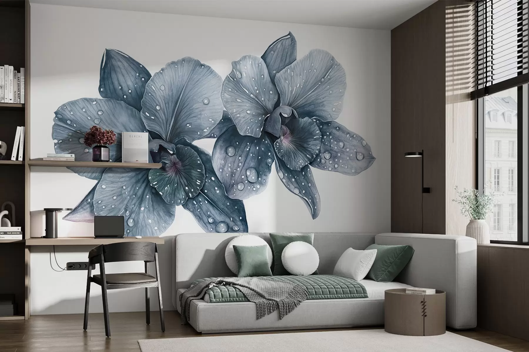 wall murals Beautiful orchid flowers, watercolor style drawing, blue colors w03164v2