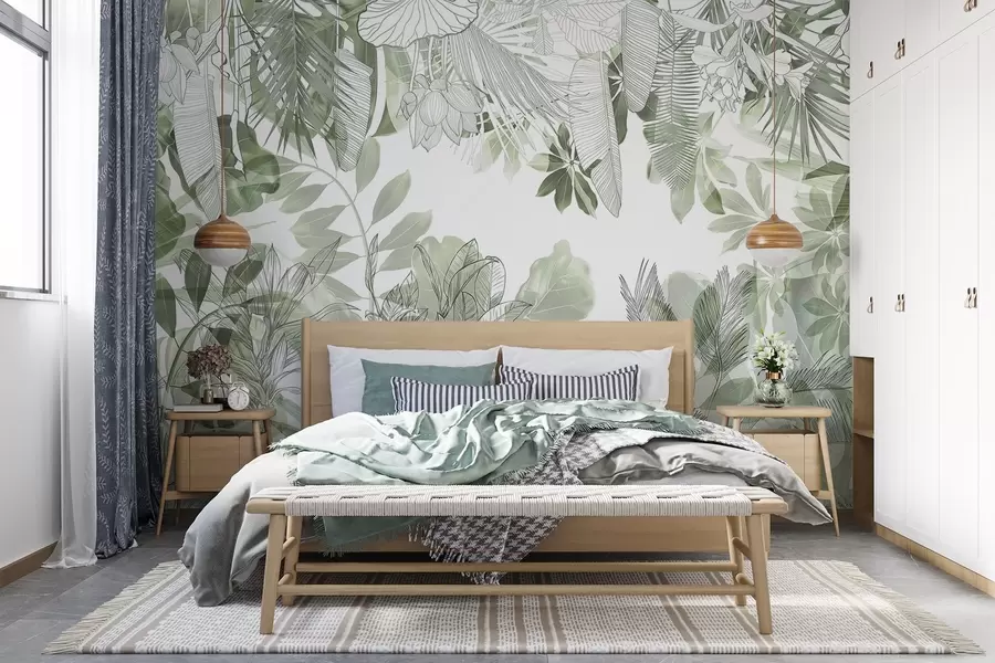 wall murals Green jungle print tropical plants and leaves on a white background w08823