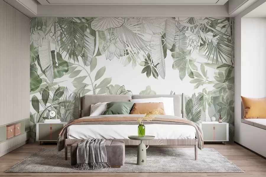 wall murals Green jungle print tropical plants and leaves on a white background w08823