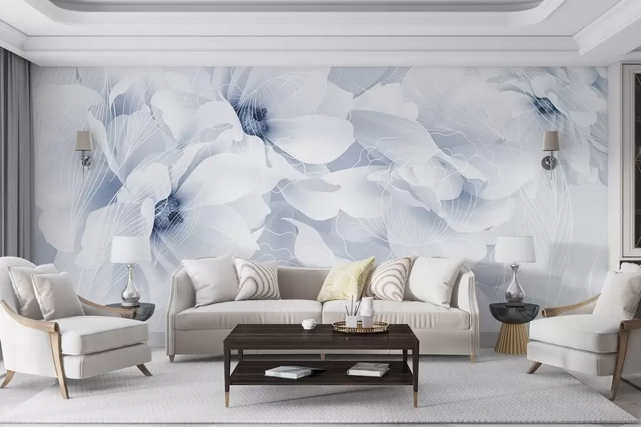 wall murals Pastel peony flowers with white and blue delicate petals and white lines on a light blue background w08826