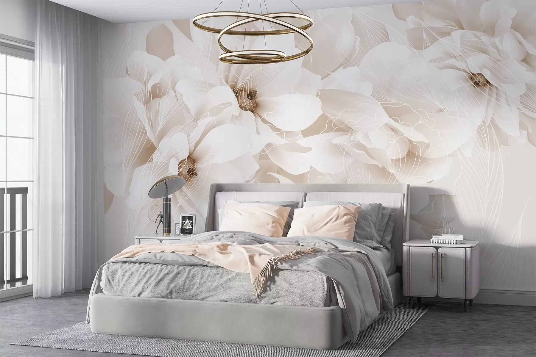 wall murals Pastel peony flowers with white and beige delicate petals and white lines on a light beige background w08826v1