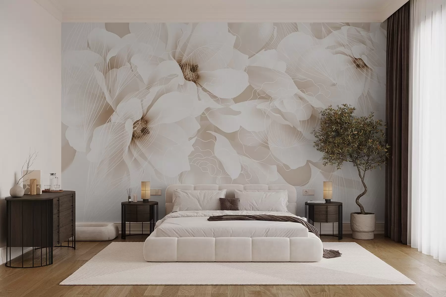 wall murals Pastel peony flowers with white and beige delicate petals and white lines on a light beige background w08826v1