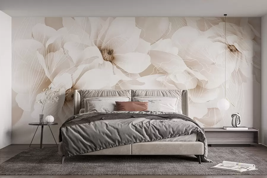 wall murals Pastel peony flowers with white and beige delicate petals and white lines on a light beige background w08826v1