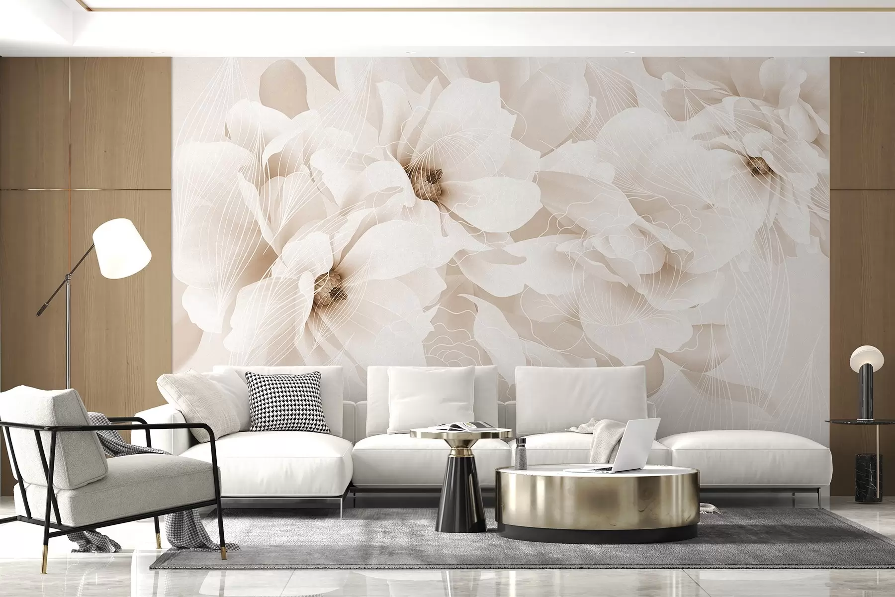 wall murals Pastel peony flowers with white and beige delicate petals and white lines on a light beige background w08826v1