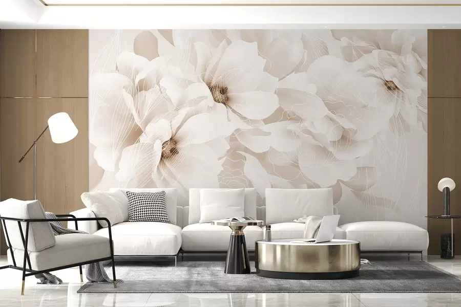wall murals Pastel peony flowers with white and beige delicate petals and white lines on a light beige background w08826v1