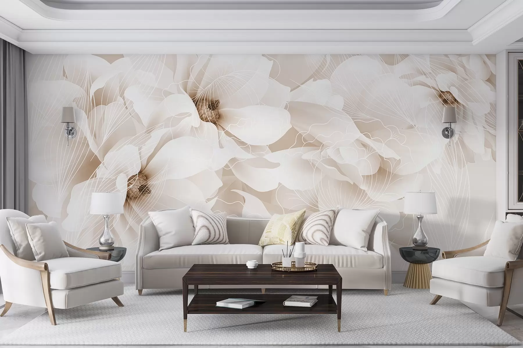 wall murals Pastel peony flowers with white and beige delicate petals and white lines on a light beige background w08826v1