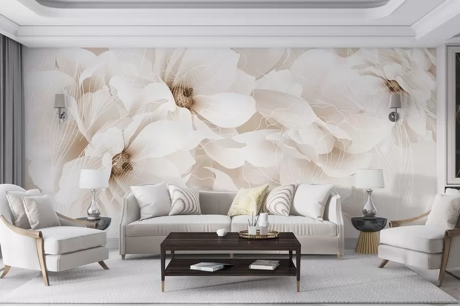 wall murals Pastel peony flowers with white and beige delicate petals and white lines on a light beige background w08826v1
