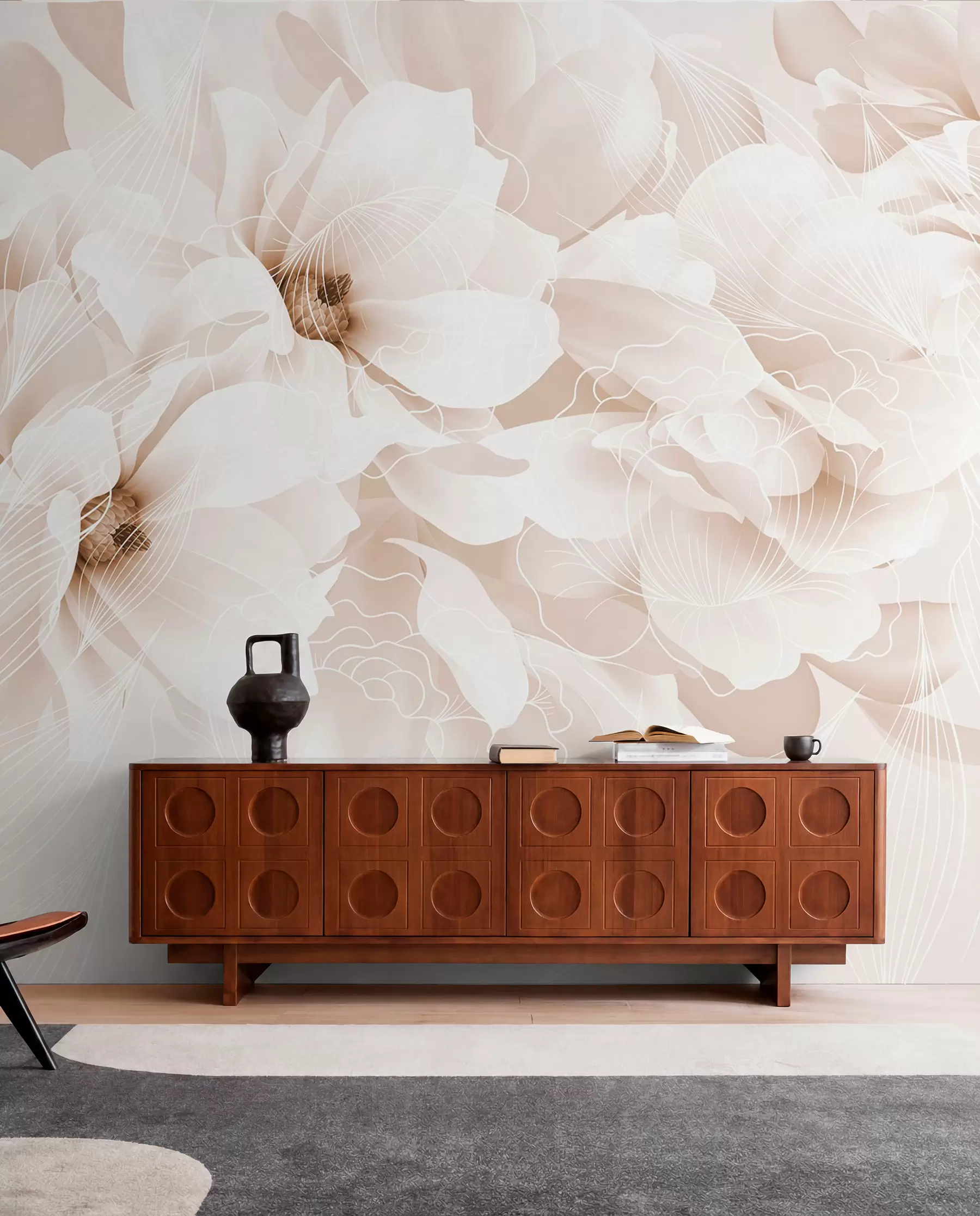 wall murals Pastel peony flowers with white and beige delicate petals and white lines on a light beige background w08826v1