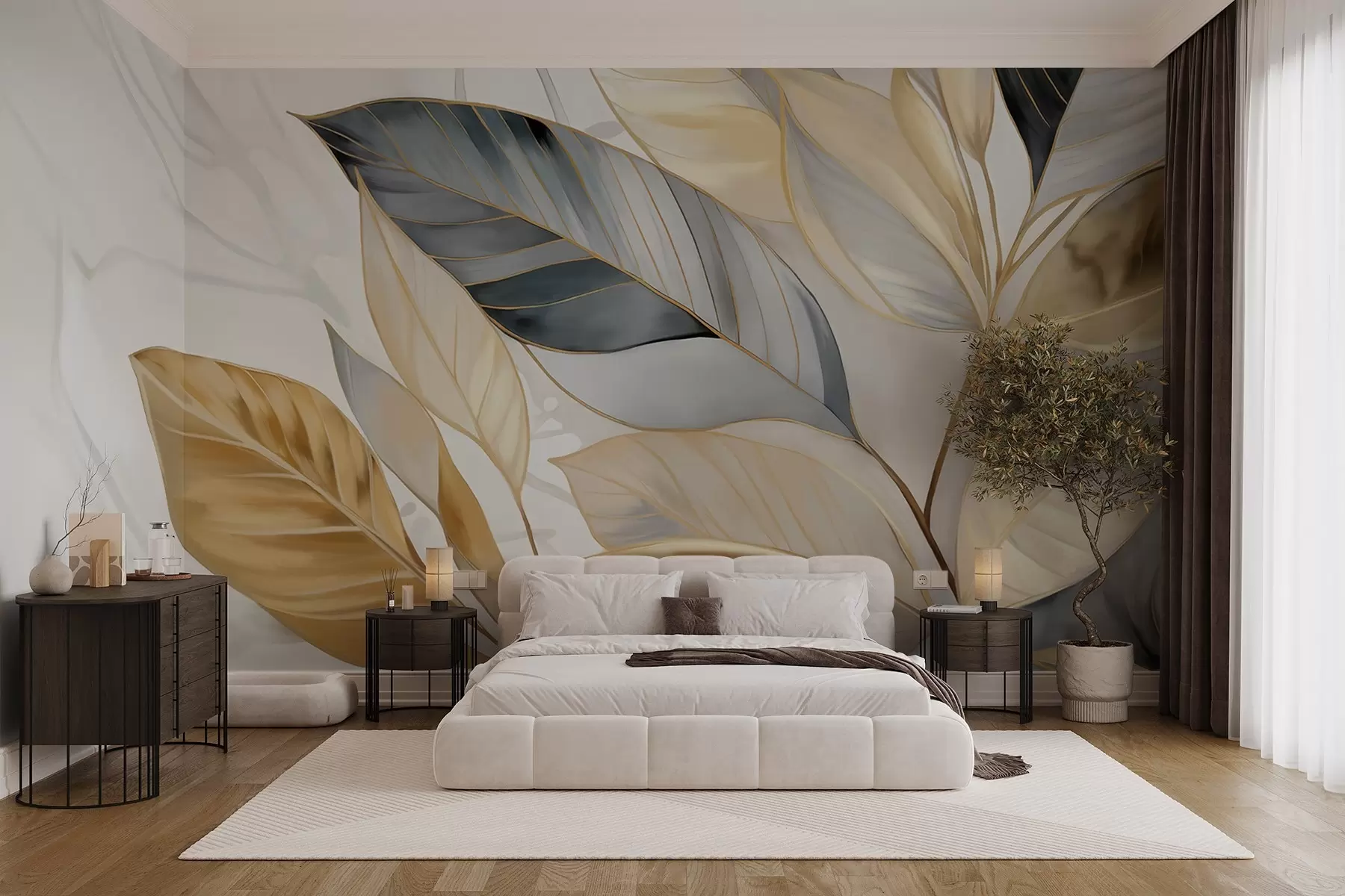wall murals Yellow, gray and white delicate large leaves on a white abstract textured background w08828