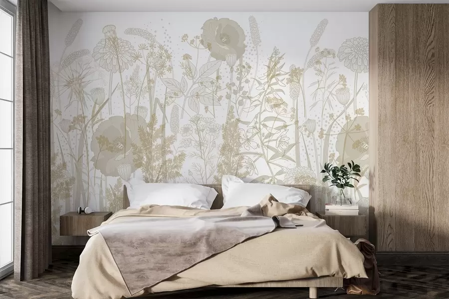 wall murals A field of tall flowers and grass in light beige pastel tones on a white background w08829v1