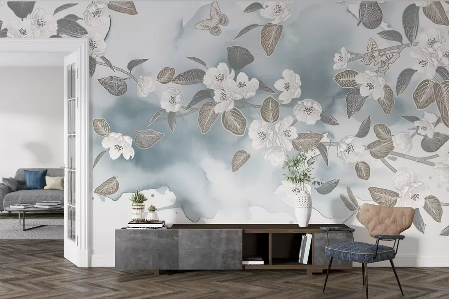 wall murals Cherry tree blossom branch with flowers, leaves, butterflies on a light blue watercolor textured background w08831v1