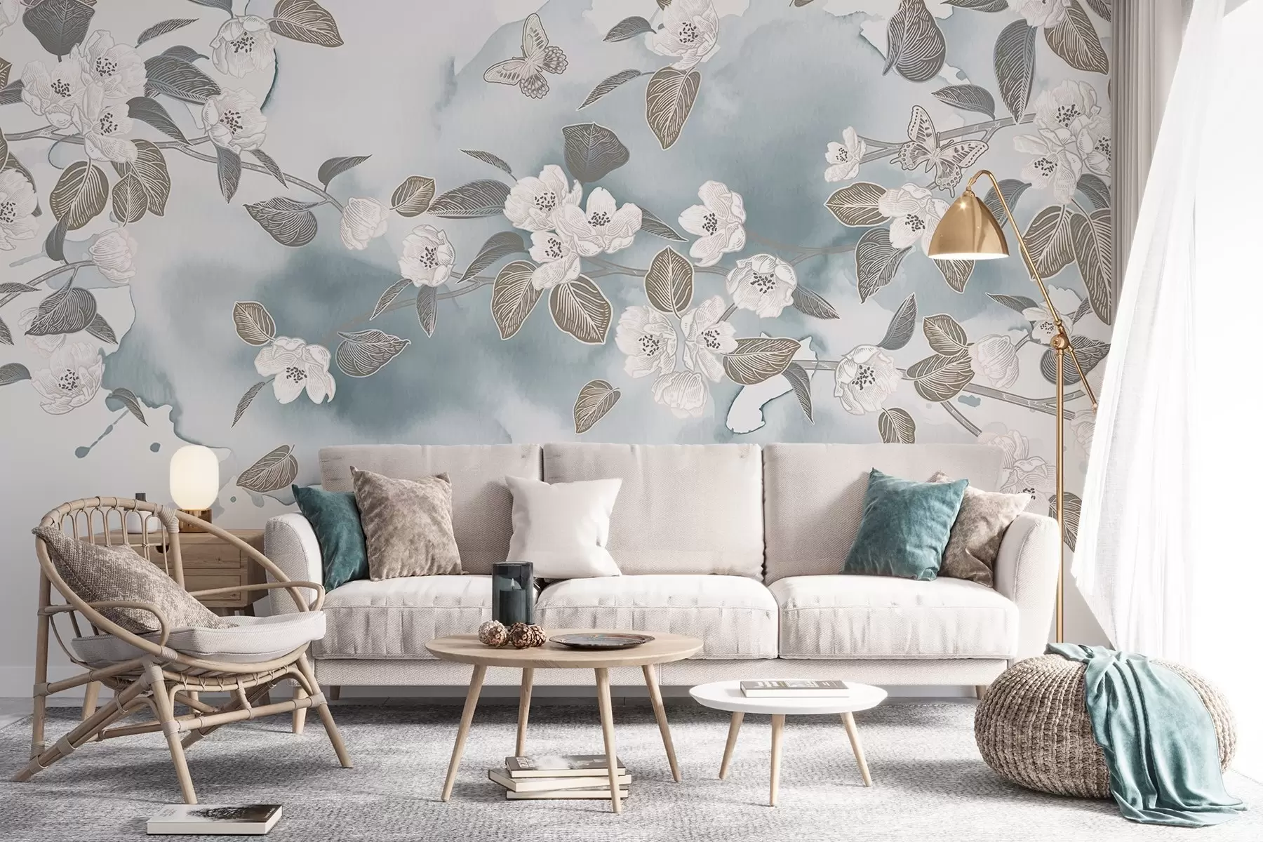 wall murals Cherry tree blossom branch with flowers, leaves, butterflies on a light blue watercolor textured background w08831v1