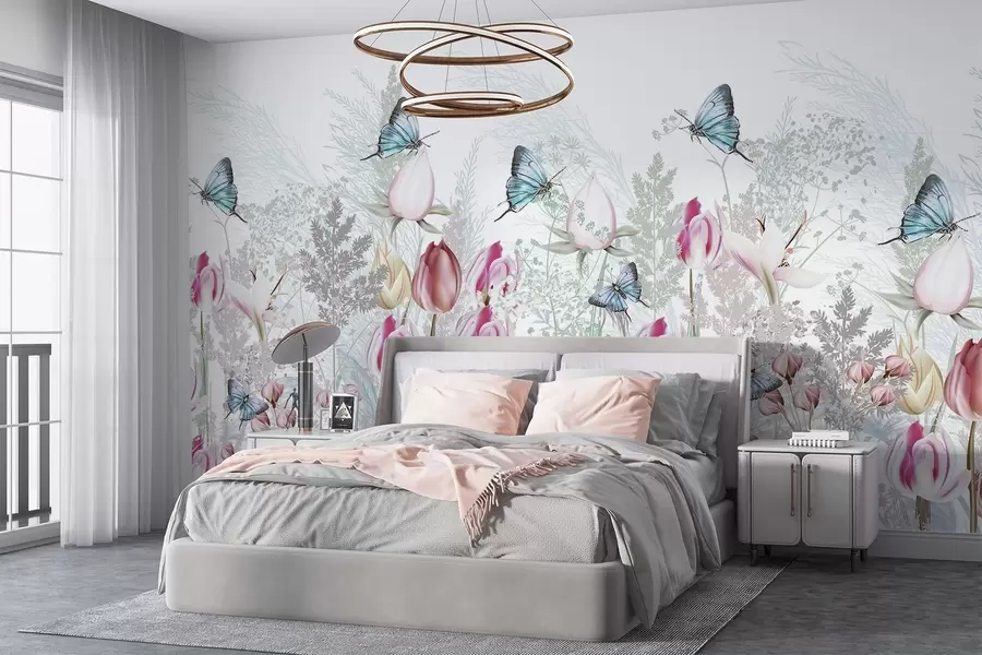 wall murals Pastel print with tulip flowers, grass and butterflies flying in a garden w08834