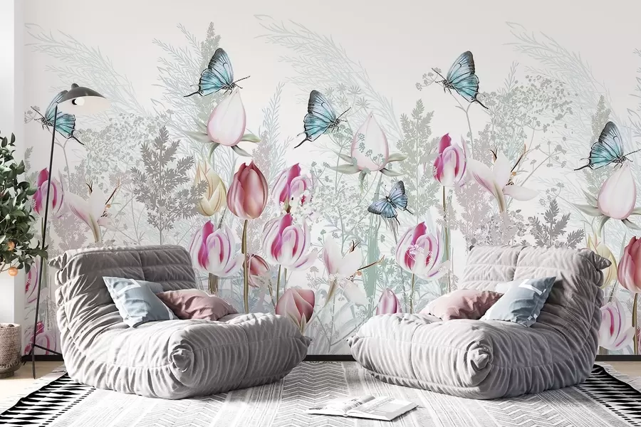 wall murals Pastel print with tulip flowers, grass and butterflies flying in a garden w08834