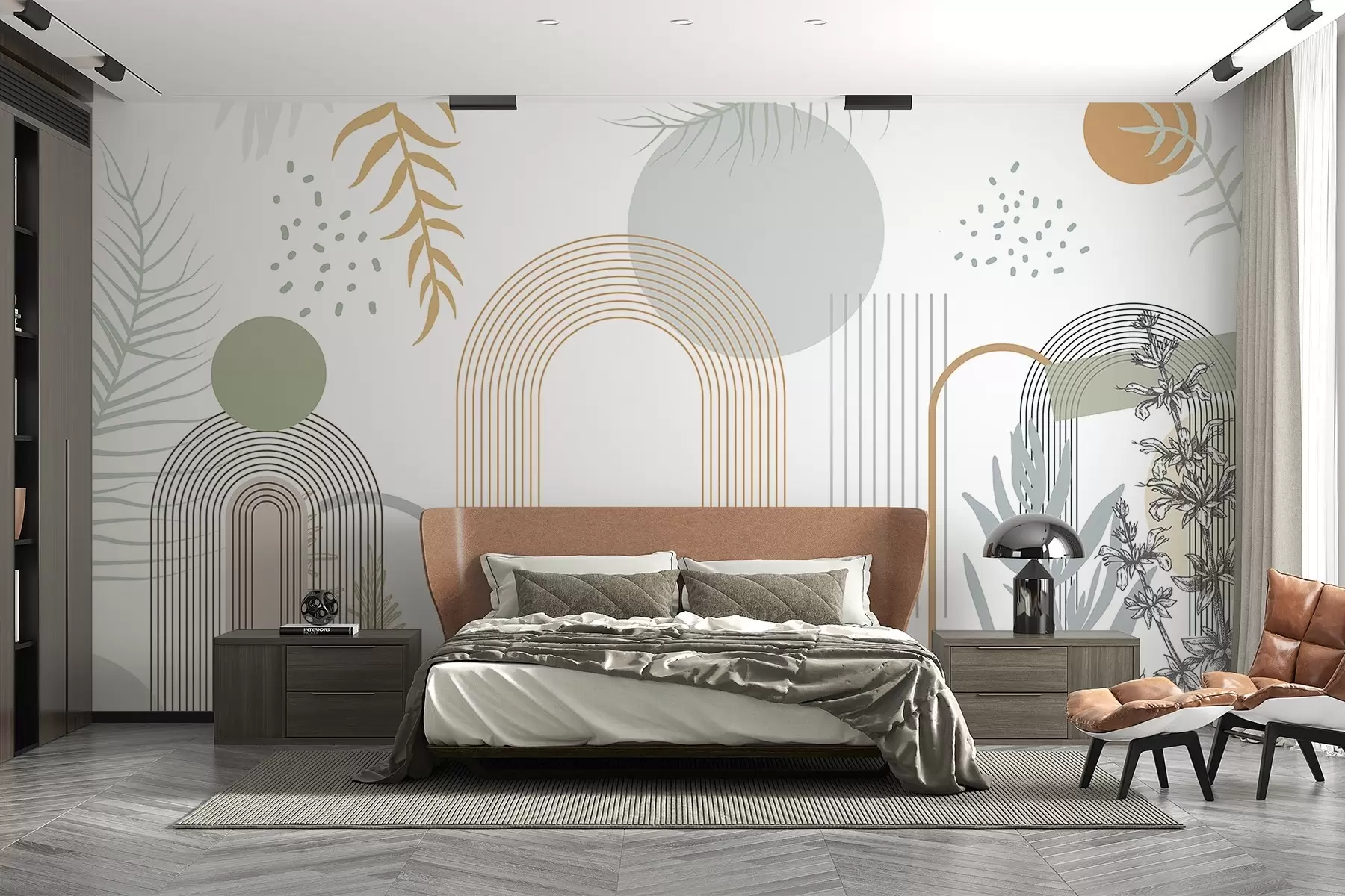 wall murals Abstract print with geometric shapes, arches and tropical leaves on a white background w08835