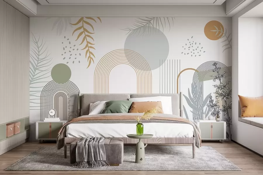 wall murals Abstract print with geometric shapes, arches and tropical leaves on a white background w08835