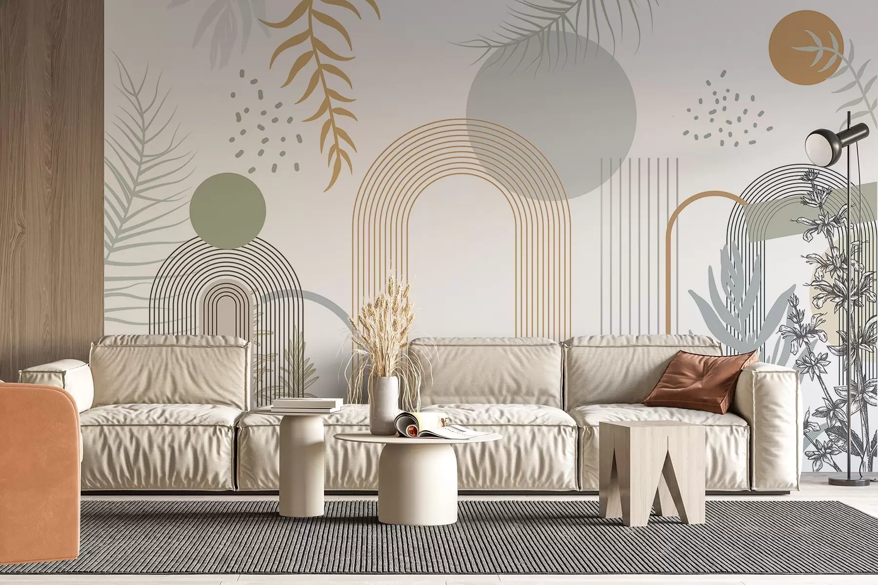 wall murals Abstract print with geometric shapes, arches and tropical leaves on a white background w08835