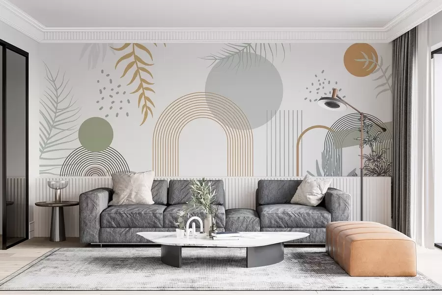 wall murals Abstract print with geometric shapes, arches and tropical leaves on a white background w08835