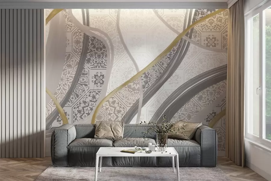 wall murals Abstract painting with geometric patterns and curved lines in beige, gray and yellow colors w08837