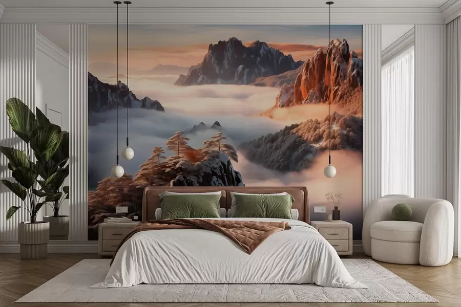 wall murals Charming mountain landscape with mist and trees w08807