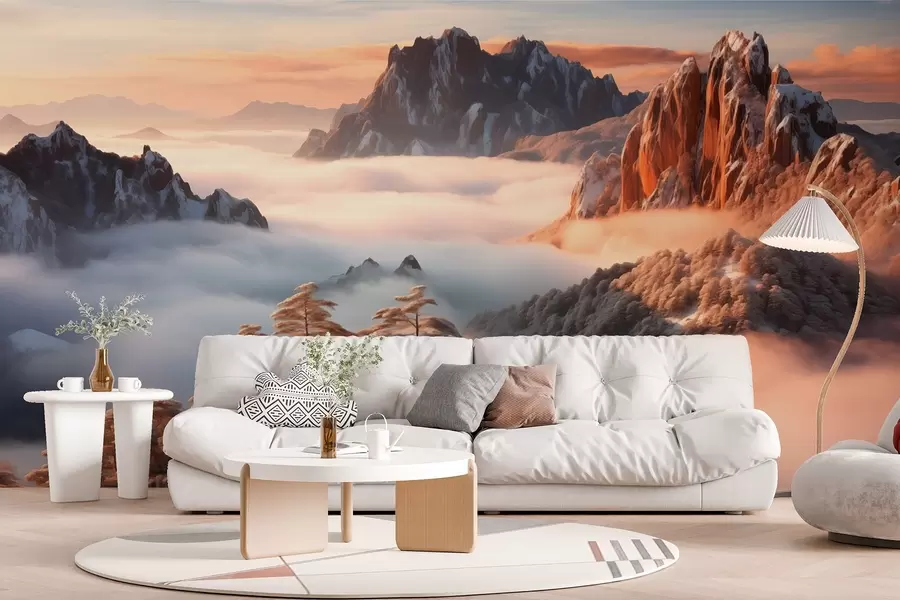 wall murals Charming mountain landscape with mist and trees w08807