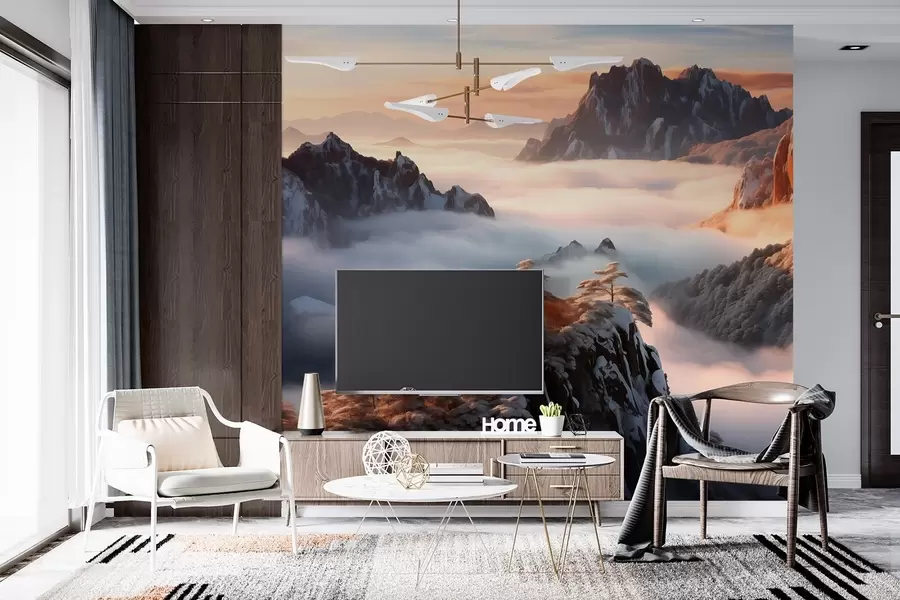 wall murals Charming mountain landscape with mist and trees w08807