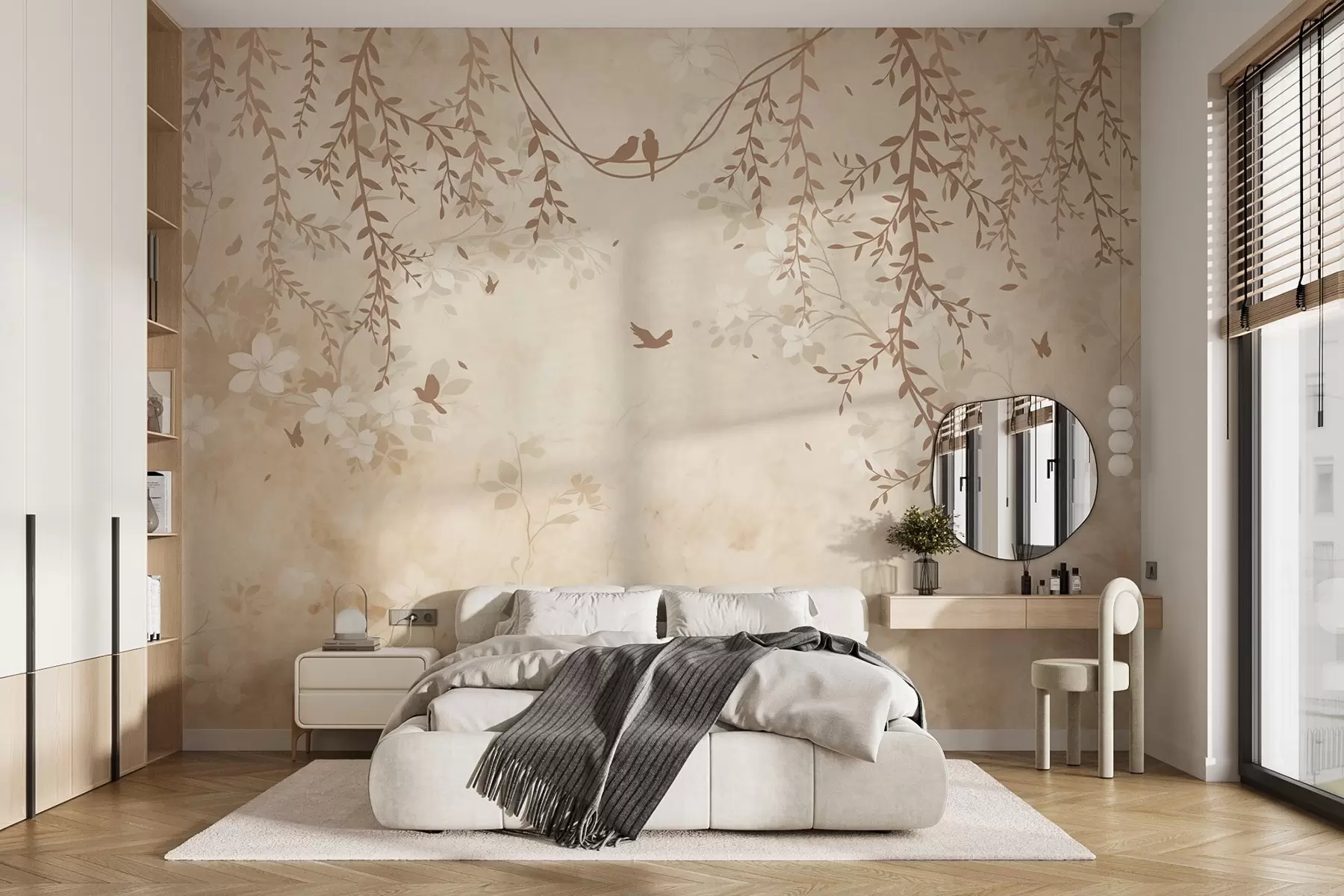 wall murals Birds with hanging plants and a floral pattern in light beige-cream tones w08809