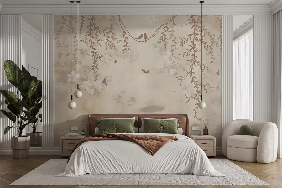 wall murals Birds with hanging plants and a floral pattern in light beige-cream tones w08809