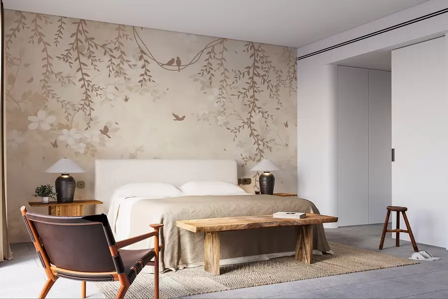 wall murals Birds with hanging plants and a floral pattern in light beige-cream tones w08809