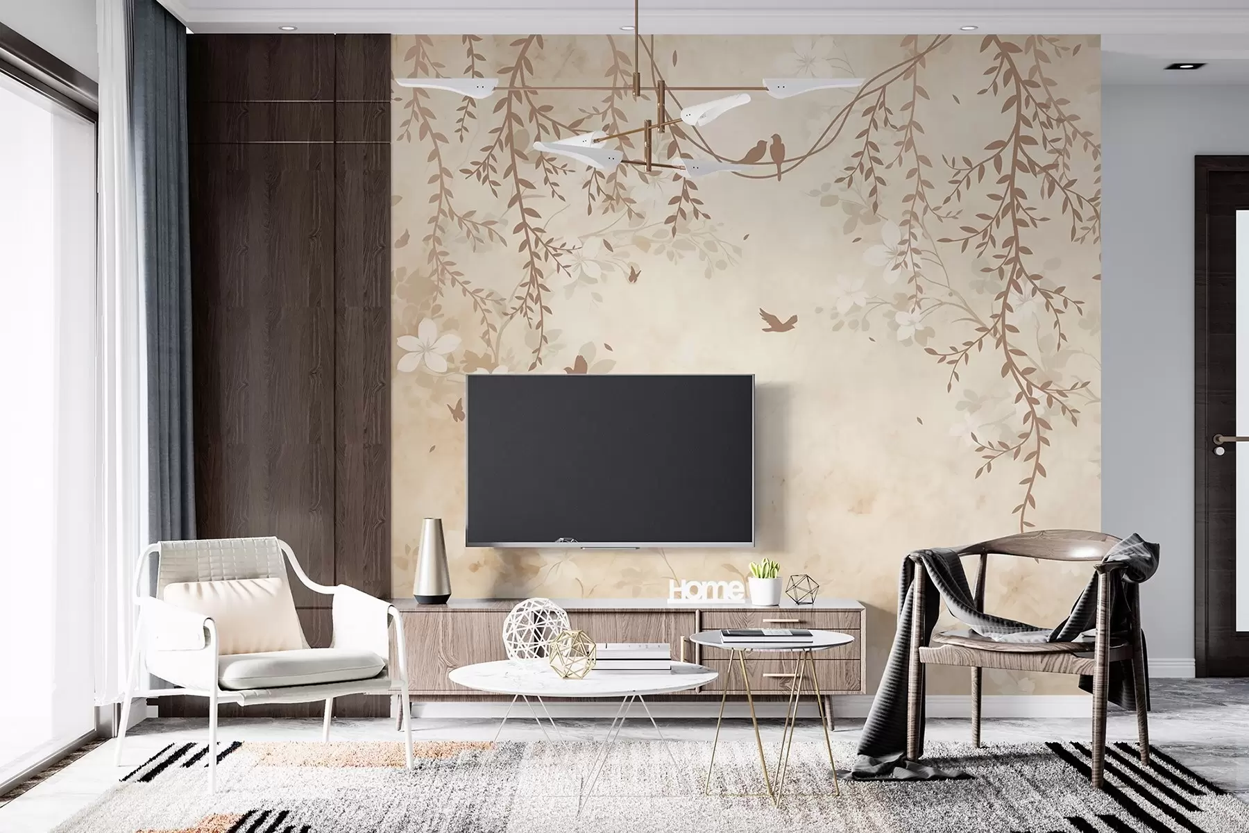 wall murals Birds with hanging plants and a floral pattern in light beige-cream tones w08809