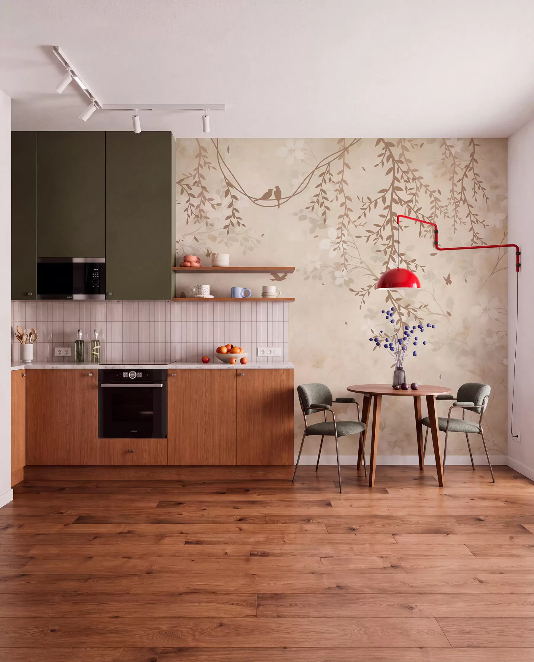 wall murals Birds with hanging plants and a floral pattern in light beige-cream tones w08809