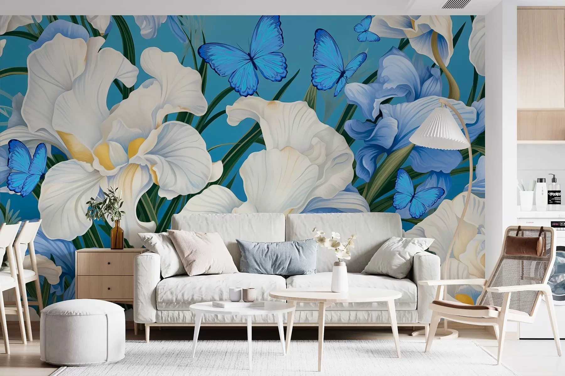wall murals White irises on a blue background with blue butterflies w08810