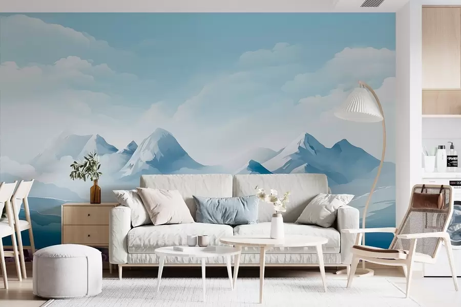 wall murals Minimalistic blue clouds and mountains, icy weather w08811
