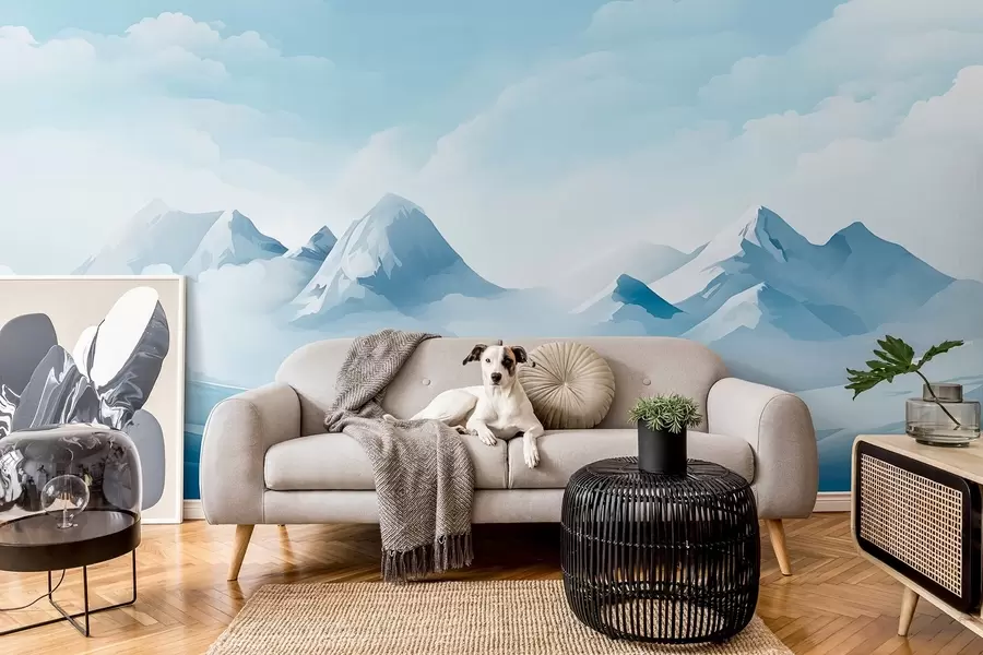 wall murals Minimalistic blue clouds and mountains, icy weather w08811