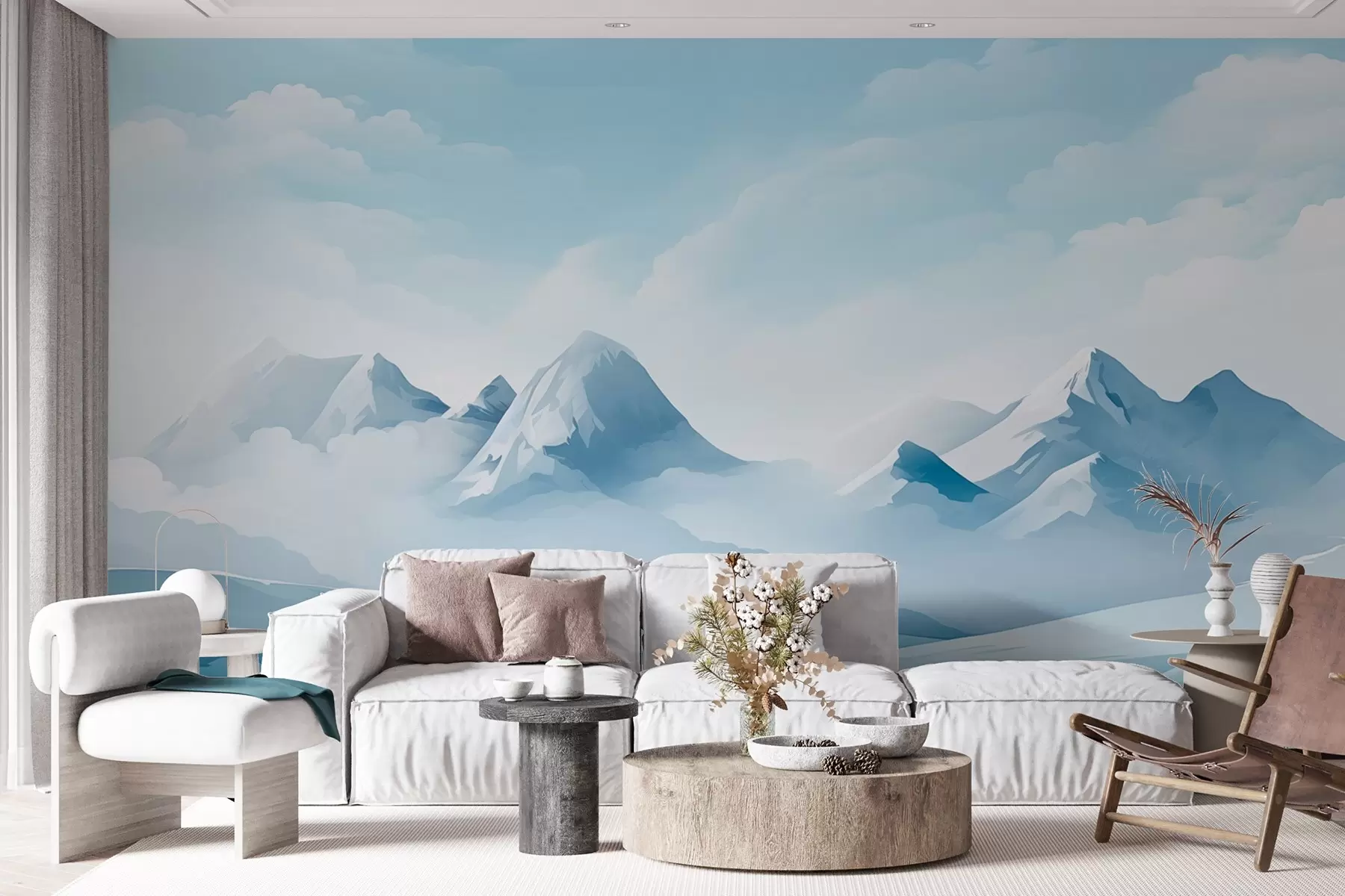 wall murals Minimalistic blue clouds and mountains, icy weather w08811