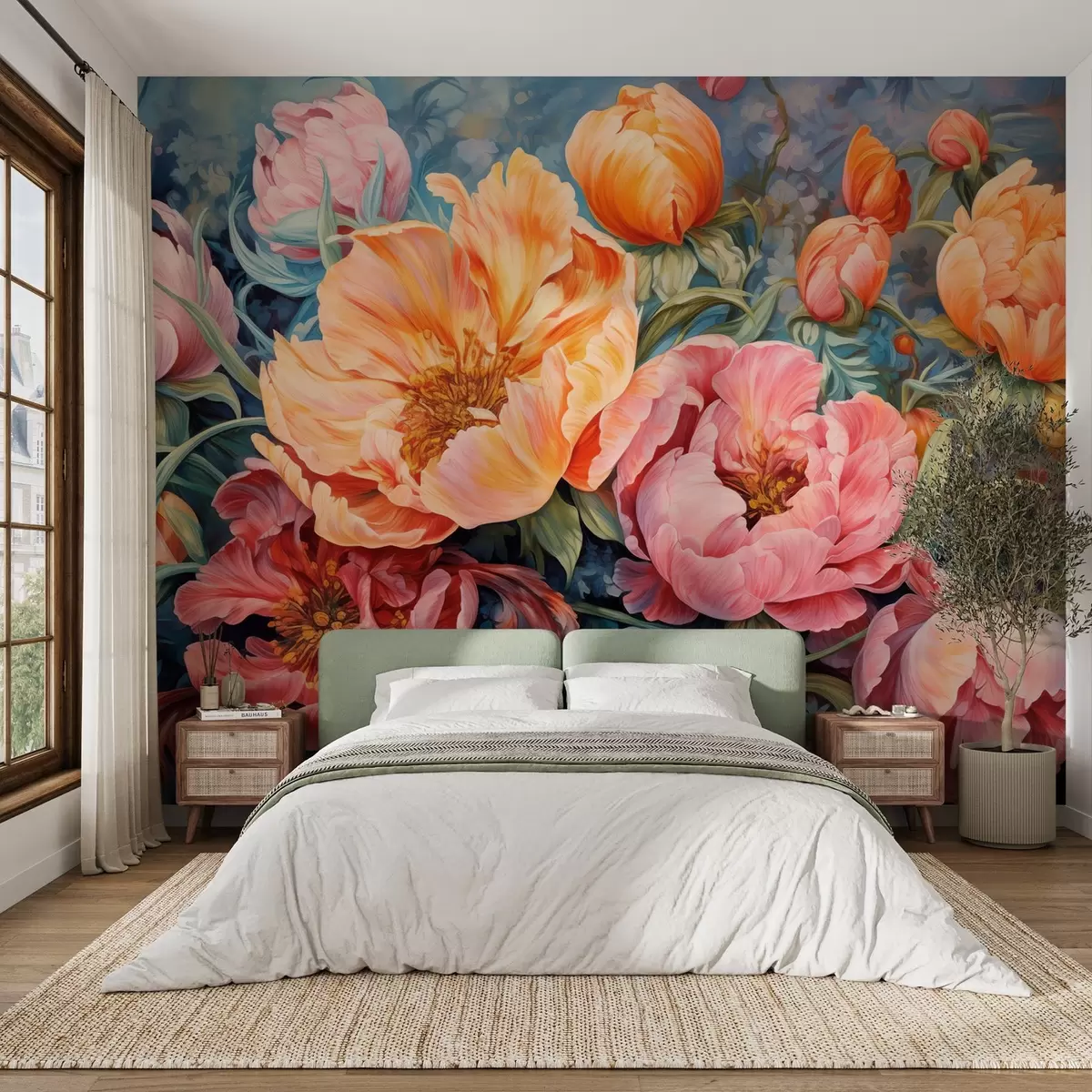 wall murals Tulips and peonies, a floral composition in an oil brushstroke style w08817