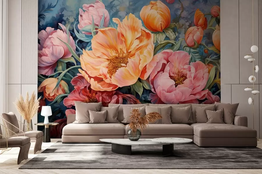 wall murals Tulips and peonies, a floral composition in an oil brushstroke style w08817