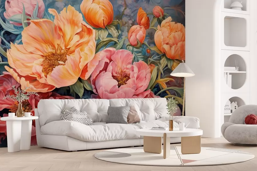 wall murals Tulips and peonies, a floral composition in an oil brushstroke style w08817
