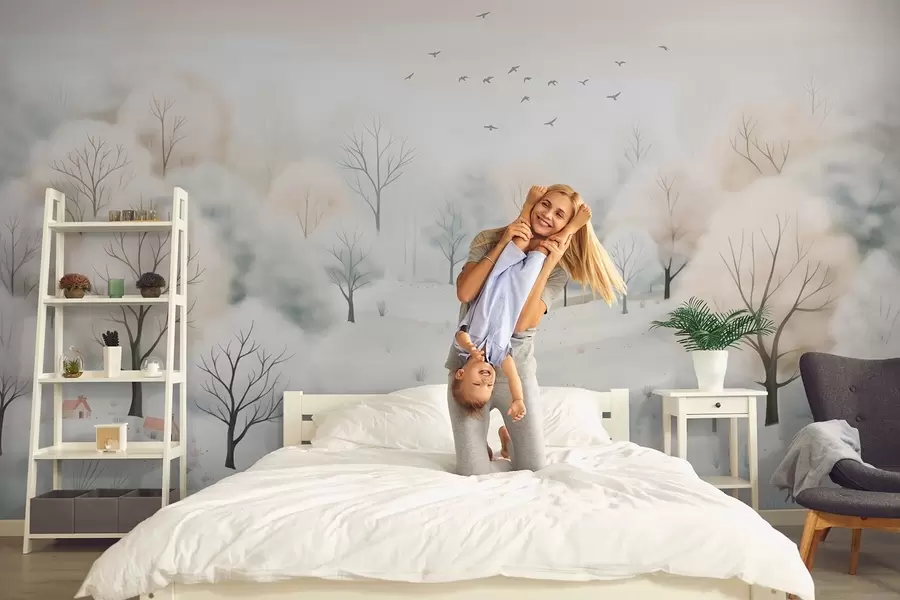 wall murals Winter forest with trees, small houses, birds, and snow in a light watercolor style w08815