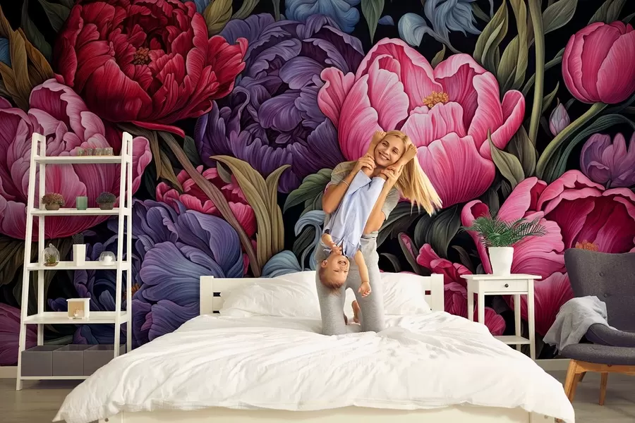 wall murals Tulips and peonies in a Victorian style, in pink and purple colors w08818