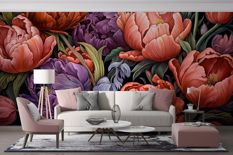 wall murals Tulips and peonies in a Victorian style, in red and purple colors w08818v1