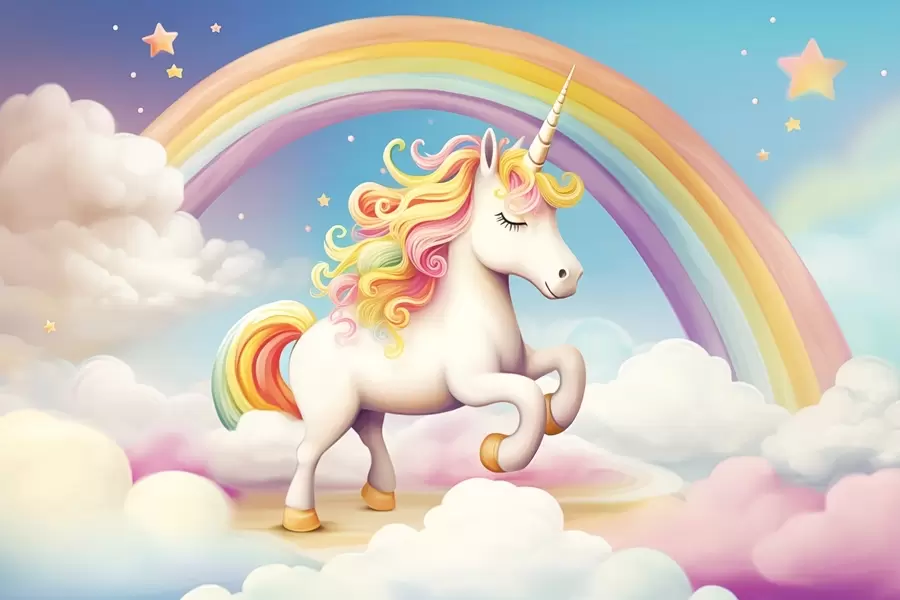 wall murals A unicorn horse with a rainbow, clouds, and a starry sky w08820