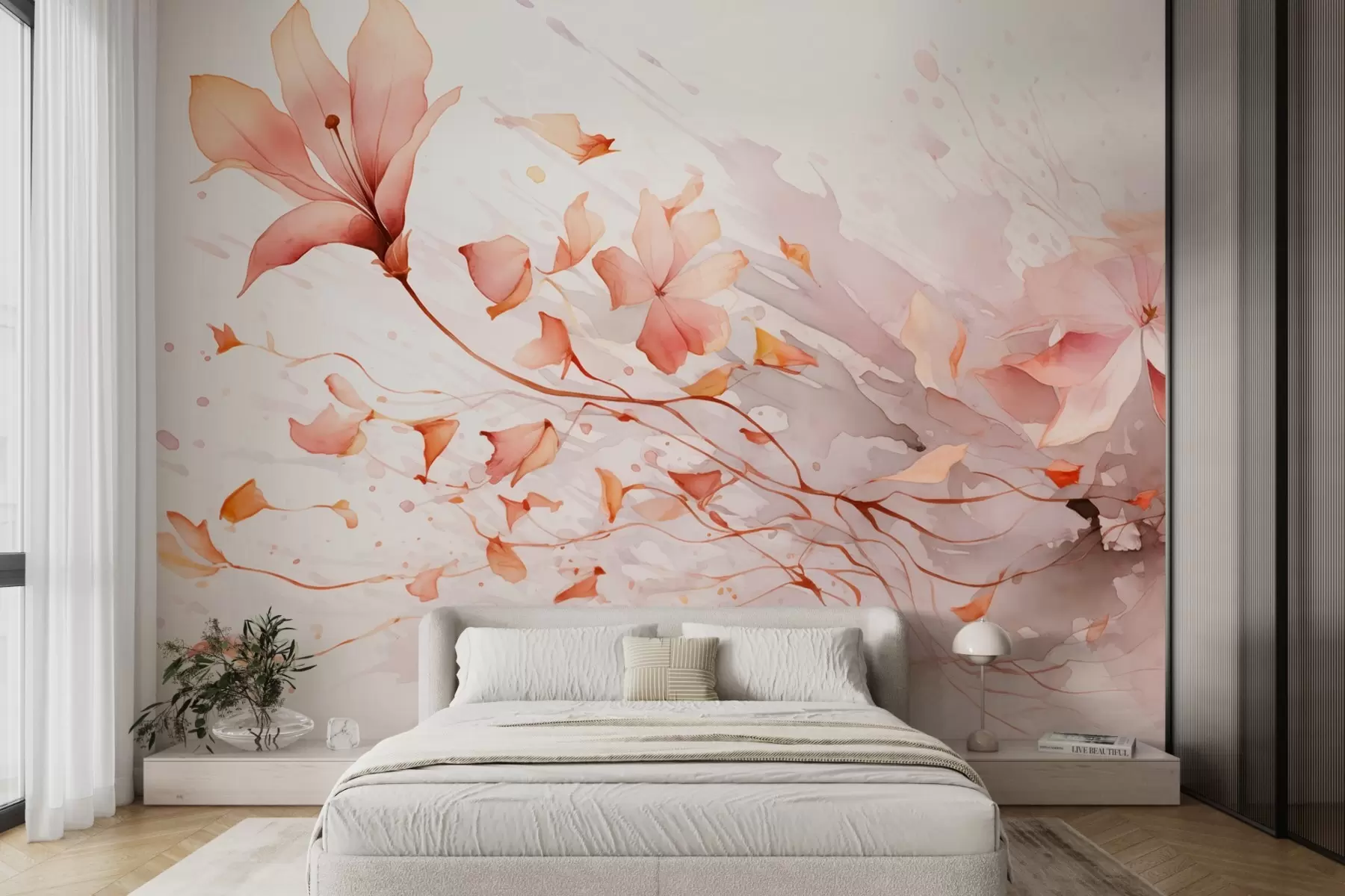 wall murals A flower with falling petals in a watercolor style in warm tones w08821v1