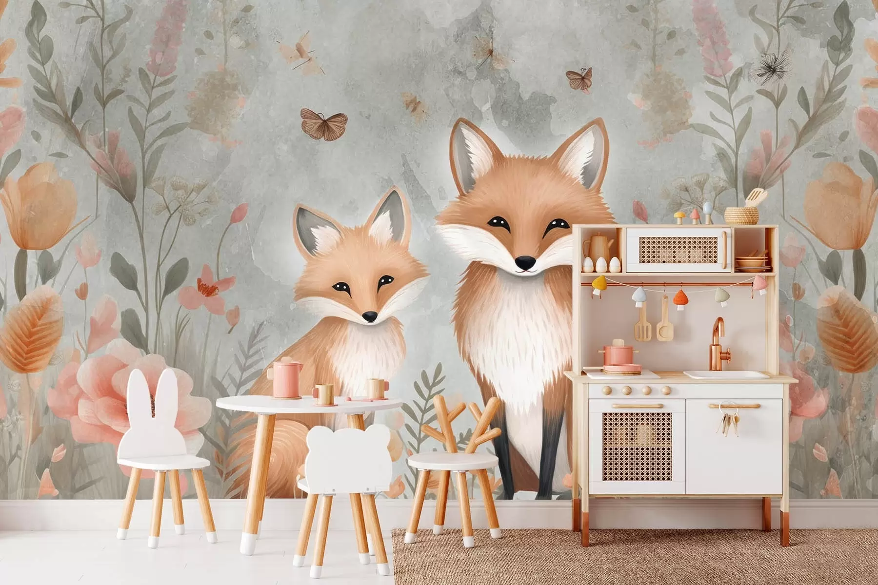 wall murals Two foxes in flowers, imitation of watercolor w08842