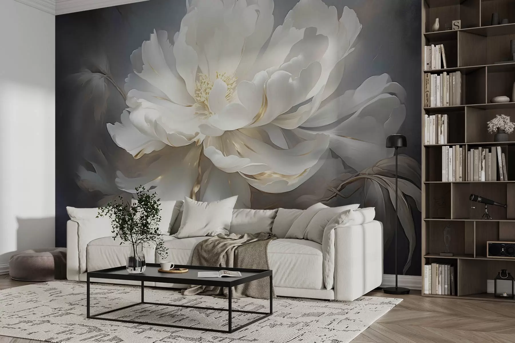 wall murals Large white abstract flower on a dark background w08859